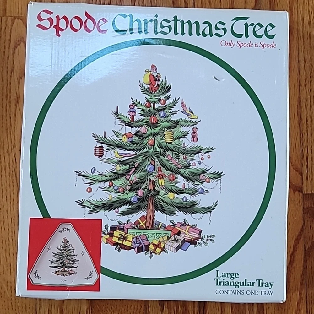 Vintage Fine Porcelain Spode Christmas Tree Large Triangle Tray Plate & Box